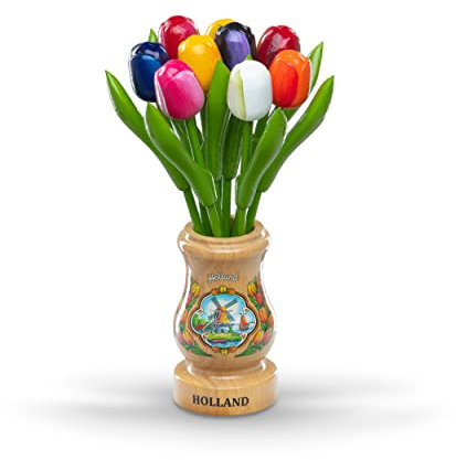 MomoMoments Holztulpen, Holzblumen, Holzdekoration, Holz-Kunstblumen, 9 Tulpen in Holzvase Retro Natur Holland, 21 cm, Dekoration, Geschenk, Multicolor