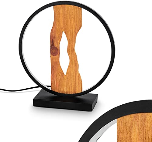 HOFSTEIN LED Tischleuchte Nevogilde, Tischlampe aus Metall/Holz in Schwarz/Natur, Nachttischlampe im Retro/Vintage-Design m. An-/Ausschalter am Kabel, 7,5 Watt (inkl.), 850 Lumen, 3000 Kelvin