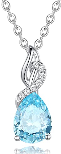 FANCIME 14 Karat 585 Weiß Gold Tropfen Anhänger mit 925 Silber Kette Edelstein Halskette Aquamarin echt 0.28ct Diamant Geschenk Schmuck für Damen