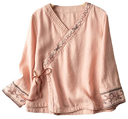 Hanfu Broderie Cheongsam courte à col en V Haut chinois Floral Chemise Tang Costume Printemps Tai Chi Vêtements, Couleur 2, M