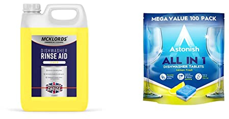 McKLords Commercial Dishwasher Rinse Aid Lemon Fragrance, Yellow, 5 Litre & Astonish All In 1 Powerful Cleaning Dishwasher Tablets with Salt and Rinse Aid, Mega Pack of 100 Tablets, Lemon Fresh