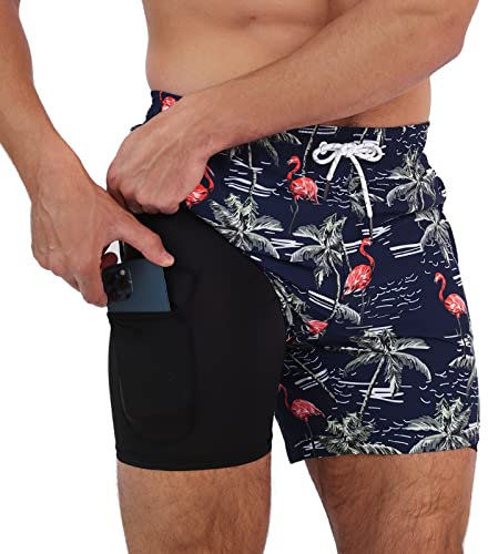 Arcweg Herren Badehose Badeshorts mit Kompression Liner 2 in 1 lässige Swim Shorts Kurz 5.5 Schnelltrocknend Boardshorts Strandshort mit Reißverschlusstasche Kokos Flamingo XL（EU）