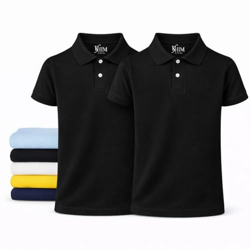 KHIM Unisex Polo Short Sleeve Polycotton Boys Girls School Uniform Plain Half Sleeve Shirts Sports Wear Indoor Outdoor (UK, Age, 3 Years, 4 Years, Regular, Black 2 Pack)