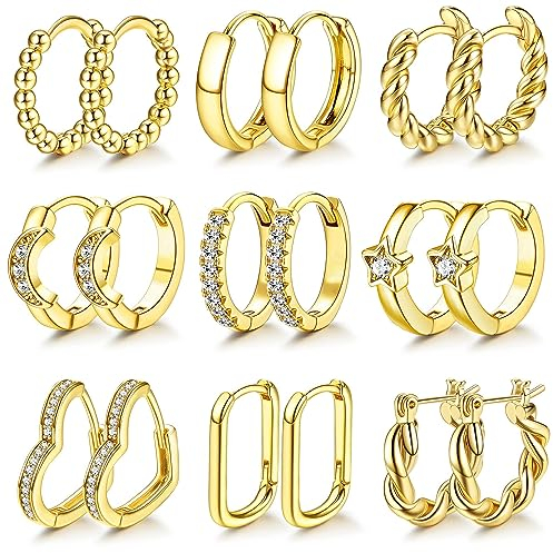 JeweBella 9Paare Gold Creolen Ohrringe für Damen Mädchen 14K Gold Vergoldet Knorpel Huggie Creolen Ohrringe Zirkonia Twist Stern Herz Creolen Ohrringe Hypoallergen Kleine Creolen Gold Ohrringe Set