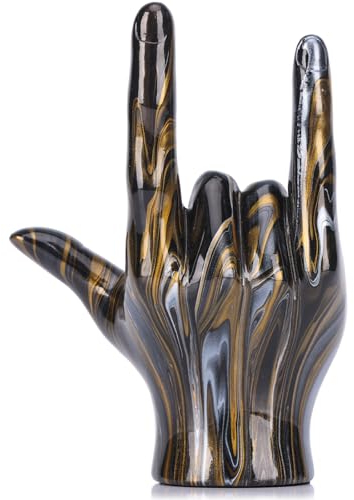 LCCCK Black and Gold Rock and Roll Hand Sign Desk Statue, I Love You Sign Couple Bedroom Decoration, Black Gold Hand Gesture Sculpture Peace Sign Decor, for Coquette Decor Desktop Centerpieces