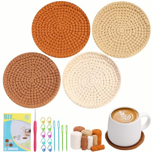 Crochet Kit for Beginners, 4 Pcs Coaster Beginner Crochet Kit with Step-by-Step Video Tutorials Crochet Hook Yarn, Complete Crochet Starter Kit for DIY Knitting Home Deco