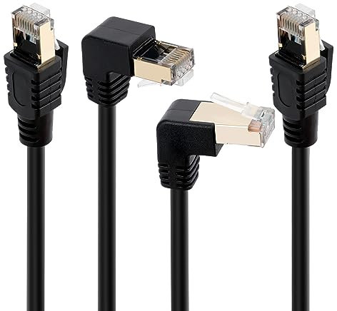 Cat 7 Ethernet Cable 0.6 Feet (2 Pack), 90 Degree (Right Angle UP + Right Angle Down), CAT7 RJ45 LAN Network Patch Cord, SFTP Shielded Foil Twisted Pair, 10Gbps, 600Mhz, Compatible with CAT6A CAT6 CAT