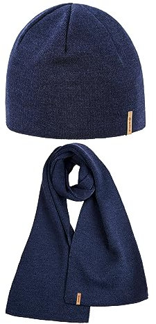 kama Gestrickte Merino-Mütze A02 und Schal S07, Herren - Dunkel Blau