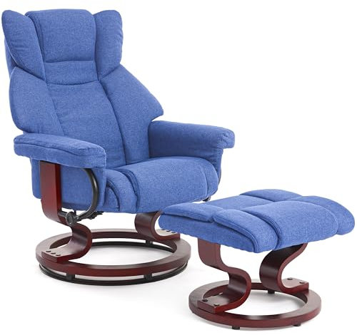 Blisswood Recliner Chair With Footstool, Swivel Recliner Sofa Chair Armchair Lounge 135° Reclining High Back Ergonomic Couch Bed Upto 160kg Weight Capacity With Tilt For Living Room (Dark Blue)