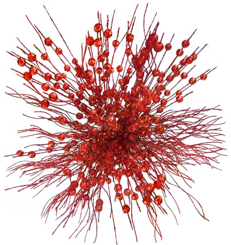 OrgMemory Künstliche Beeren, 24Stück 3 Stile, Glitzer Zweige, Glitzer Beeren Stiele für Weihnachtsbaum Vase DIY Kranz Handwerk Geschenk Dekor (Rot)