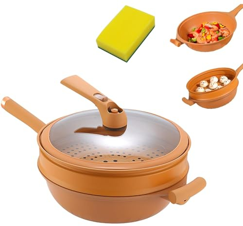 HFINGAQEX 2024 Non-Stick Clay Wok with Steamer Basket, 12.6in Multifunctional Pottery Clay Non-Stick Micro Pressure Pot 2-in-1 Micropressure and Induction Bottom with Free-Standing Lid Stir Fry Pan