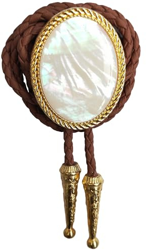 Himongoo Bolo-Krawatte aus natürlichem Edelstein, braunes Leder, Hochzeitskrawatte für Männer und Frauen, Western-Stil, Goldenes Perlmutt, M