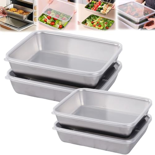 seafly Stainless Steel Square Plate with Lid, Food Grade Stainless Steel Tray Japanese Style Tray Metal Thickened Microwave Safe Oven Tray Baking Pan Cake Pan Dinner Dish Set (2 S+2 L)