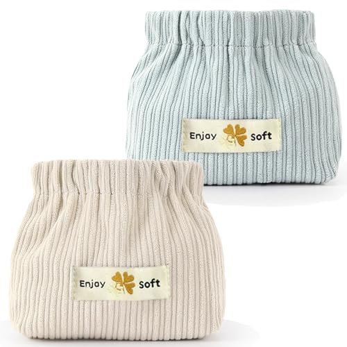 Leogony 2PCS Corduroy Elastic Hair Tie Shortage Bag, Corduroy Popper Organiser, Travel Shrapnel Portable Pouch (Beige+Blue)