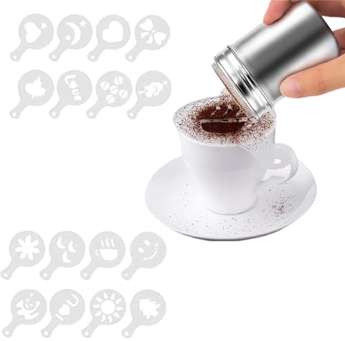Chocolate Shaker Stainless Steel Duster Dredges Cans Coffee Sprinkles Powder Set Cocoa Cinnamon Powder Can with 16 Coffee Molds Stencils for Kitchen Baking Cooking Cappuccino Coffee Latte Coffee