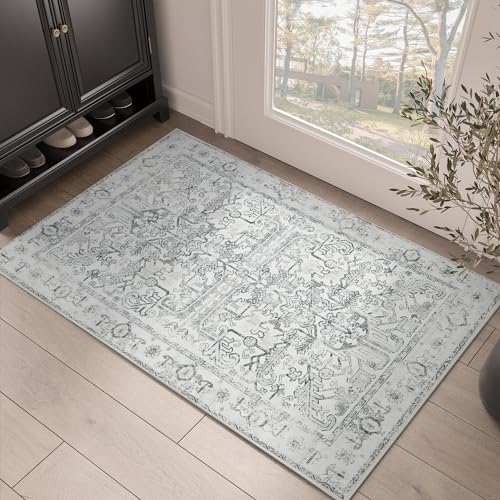 TOPICK FußMatte 60x90cm Grau Teppich Vintage Fussmatte Eingangsmatte Faltbar Dünner Waschbar Blumendruck Teppich Rutschfester für Haustür, Eingangs, Patio, Flur