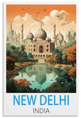 New Delhi India Vintage-Reiseposter, 20 x 30 cm, Leinwand-Kunst, Poster und Wandkunst, Bilddruck, moderne Familienschlafzimmer-Dekoration