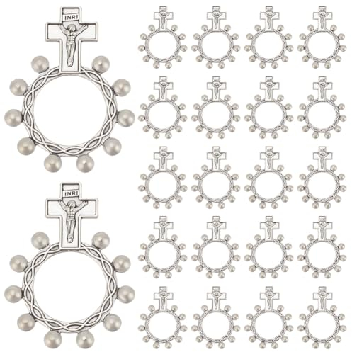 WEBEEDY 30 Pcs Legierung Rosenkranz Ring Silber Gebet Kreuz Ring katholischen Finger Rosenkranz Ring katholischen christlichen Glauben Geschenke für Frauen Männer,Stressabbauender religiöser Schmuck