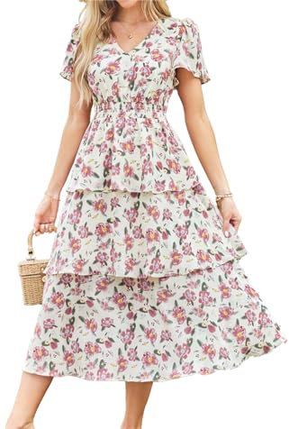 GRACE KARIN Womens Summer Floral Sun Dress Short Sleeve Wedding Guest Floral Print Spring Dresses Apricot Flower L
