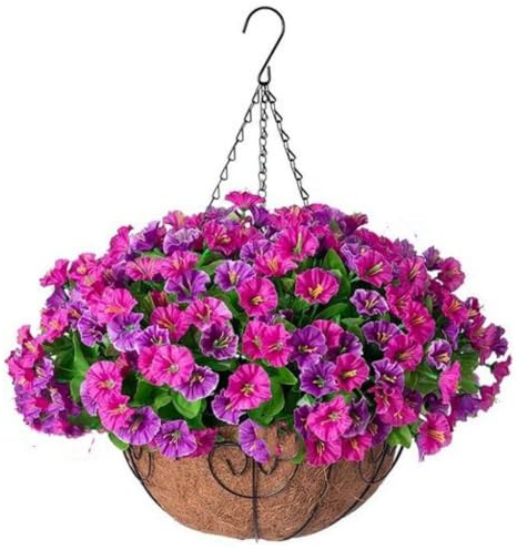 OUKEYI Artificial Hanging Flowers in Basket, Faux Silk Petunias Flower Arrangement,Coconut Lining Planter with Morning Glories Plants Patio Garden Porch Deck Spring Decor Purple