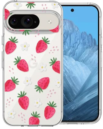 DiyGody Transparente Handyhülle Kompatibel mit Google Pixel 9 6,3 Zoll 2024, Weich Silikon TPU Schutzhülle mit Erdbeere Blumen Muster für Frauen, Ultra Dünn Anti-Rutsch Stoßfest Hybrid-Schutz Hülle