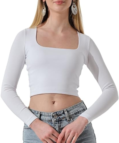 Endies Women's Long Sleeve Crop Top with Square Neck - Soft, Stretchable Cotton Blend, Perfect for Casual and Chic Looks, White (UK, Alpha, XL, Regular, Regular, White)