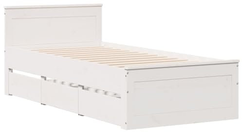 vidaXL Massivholzbett, Holzbett ohne Matratze mit Schubladen, Bettgestell mit Kopfteil Lattenrost, Bett Einzelbett für Schlafzimmer, 100x200cm Weiß Kiefernholz