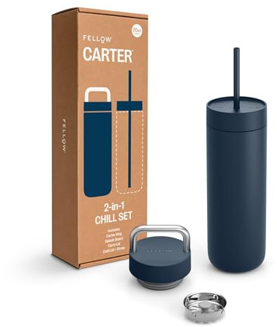 Fellow 20 oz Carter Water Bottle with 2 Lids - Leak-Proof Lid with Metal Handle - Cold Lid with Straw - Ceramic Interior & Vacuum-Insulated Stainless Steel - Stone Blue