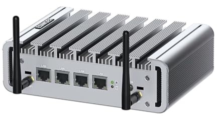 ESIMOER Lüfterloser Mini PC, Firewall Micro Appliance 2.5Gbe Mini PC N100 (bis zu 3.4GHz), VPN Router PC 8G DDR5 RAM 128G SSD, 4 LAN, 4 USB, Dual Display, WiFi, unterstützt Win11, Firewall Software