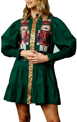 Yiulangde Costume de Noël à paillettes pour femme – Robe chemise Casse-noisette étincelante – Mini robe chandail en molleton – Robe chandail en, Casse-noisette vert, Taille M