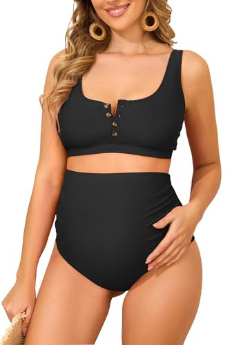 Zando Black Maternity Swimsuit High Waisted Maternity Swimsuits for Women Cross Back Bikini Set Maternity Bathing Suit Two Piece Button Down Maternity Bathing Suits for Women Pregnancy Swimwear L