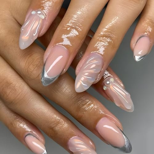 SXVME Chrome Sliver French Tip False Nails Medium Almond, 24 Pcs Pink Press On Nails with 3D Shell Design, Full Cover Acrylic, Glitter, 24 Nails per Set