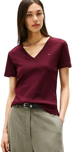 Tommy Hilfiger Camiseta de manga corta Mujer New Slim Cody con cuello de pico, Rojo (Deep Burgundy), XXS