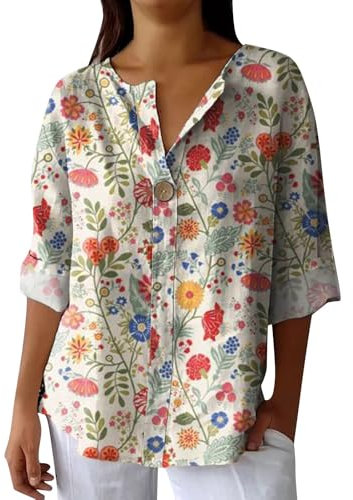 Hrjxfpt Womens Linen Tops Size 16 Pink Plus Size Spring Outfits Clearance Ladies' Fashion Printed Single Button Long Sleeve Top (01-B-Yellow, XXL)