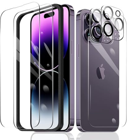 2×Screen Protector for iPhone 14 Pro Max + 2×Camera Lens Protector + 1×Back Tempered Glass Film + 1×Installation Frame, 9H Hardness Case Friendly HD Clear Scratchproof Impact Protection