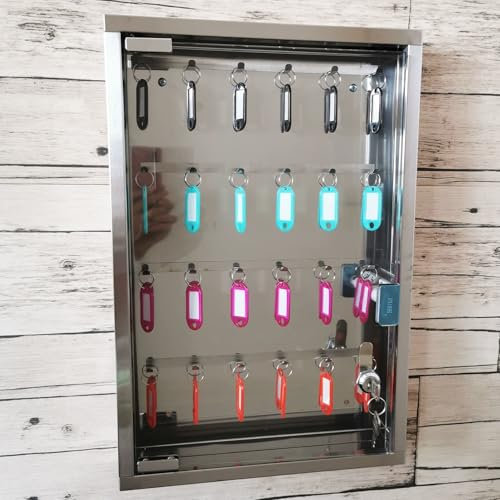 Schlüsselschrank Edelstahl Schlüsselkasten mit Klarglastür, 24 Schlüssel Fassungsvermögen Schlüsselsafe Wandhalterung, Schlüsselbox Schlüssel Organizer Schlüssel Kasten für Lager Garage Home Office(D