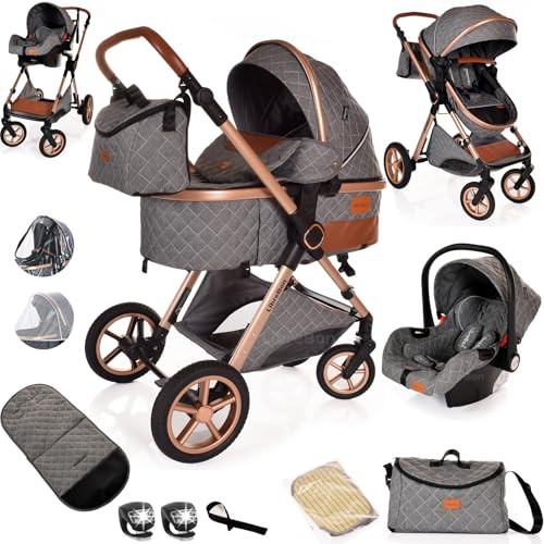 Baby Pram Pushchair Baby Buggy Stroller 3 in 1 Child Lightweight Folding Stroller 3 in 1 Travel System for Newborns & Toddlers 0-36 Months from Birth (Grey)