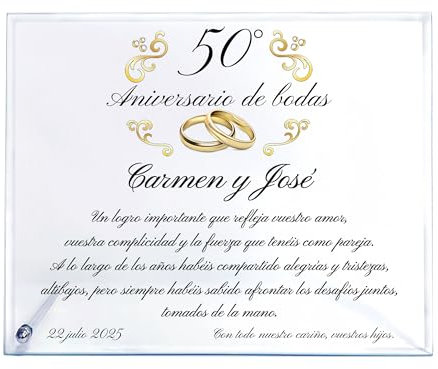 ByClay Laboratory Placa Aniversario de Boda | Elegante Placa de Cristal Personalizada Bodas de Oro, Plata, Esmeralda, Perla o Diamante