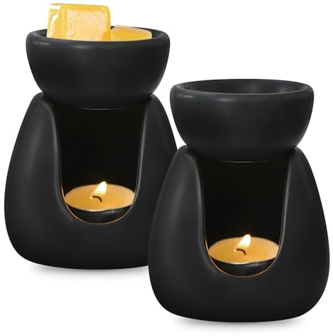 2 Stück Duftlampe für Atherische Ole, Teelicht, Keramik, Wachsschmelzbrenner Schwarz Spaltkeramik, Halloween, Weihnachten, Geburtstag, Gerillte Oberfläche