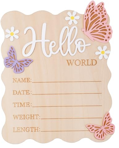 lasuroa Schmetterling Daisy Hello World Neugeborenen Schild, Holztafel zur Geburtsanzeige Neugeborenen Willkommen Dekoration für Krankenhaus Florales Kinderzimmerdekor Foto Requisite