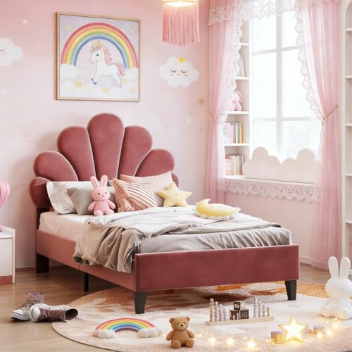 BRILVERDE Einzelbett 90x200 cm Kinderbett, Jugendbett mit Verstellbares Kopfteil, Bettgestell mit Lattenrost, Prinzessin Bett, Mädchenbett, Samt (Rotwein 90x200)