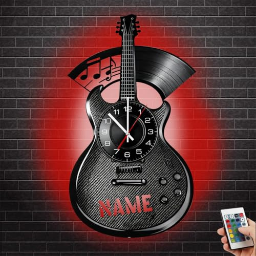 BFHEFGSUU Personalised Guitar Metal Wall Clock With Led Light Custom Name Music Theme Wall Musical Clock Neon Sign Music Room Gifts For Family Friend Guitar Lover Christmas Birthday (style 2)