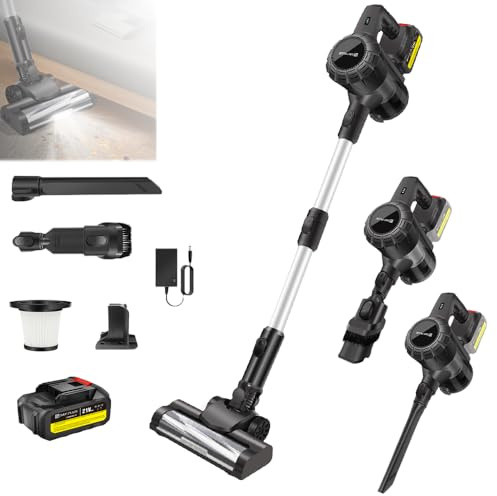 Qimu Akku Staubsauger 500W 45000Pa 45Min Akkustaubsauger Kabellos mit Licht, Anti-Tangle-Bürste, Superleise Selbststehend Akkusauger für Tierhaare Teppiche Hartböden (Akku Staubsauger mit 1 Akku)