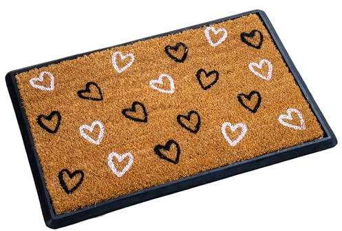 Darthome Love Heart Pattern Coir Doormat, Indoor Outdoor Entrance Mat with Rubber Backing, Black White Brown, 40 x 60 cm