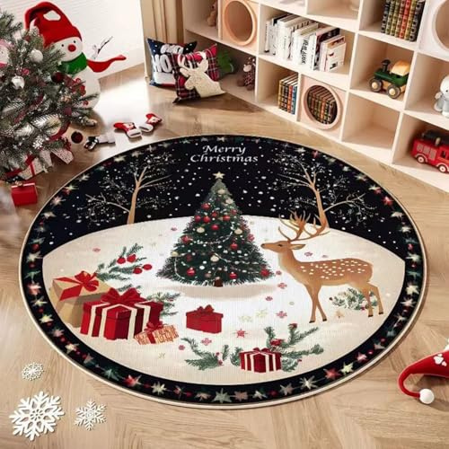 Chickwin Teppich Rund Weihnachten, Elch Weihnachtsteppich Rund Weihnachtsmatte rutschfest Weich Teppich Waschbar Weihnachtsdeko für Dekoration Schlafzimmer Wohnzimmer (Winter,140cm)