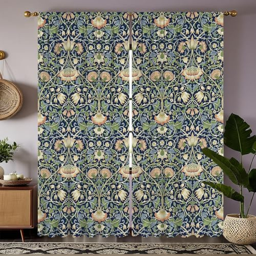 Vintage Blumen Vorhänge im William-Morris-Stil, Botanische Gardinen mit Lotus- und Rankenmuster in Blau-Creme, Elegante Verdunkelungsvorhänge für Wohnzimmer oder Landhaus B53,5 × H114 cm (2er Pack)
