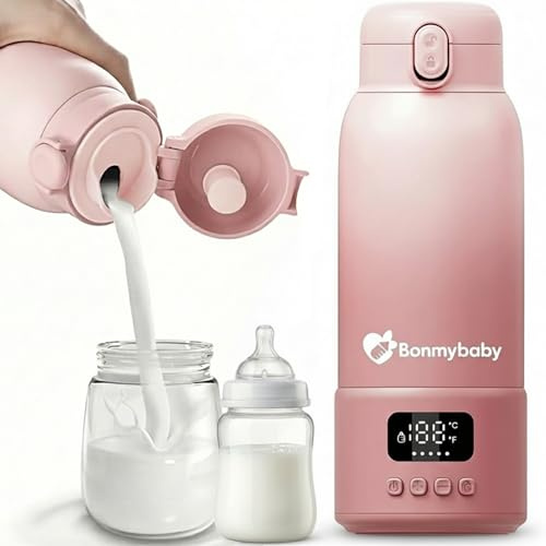 Bonmybaby Portable Bottle Warmer for Milk, Formula and Water with Deep Cleaning Brush | 500ml / 17oz High Capacity, 16,000mAh Powerful Battery, 45W Fast Supercharger | Fast Heating (Dream Pink)