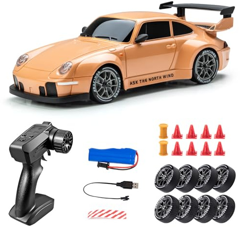 NULA 1:24 Scale 4WD RC Drift Car High Speed Remote Control Racing Vehicle with Proportional 2.4G System, Interchangeable Tires and LED Lighting for Adults Hobbyists – Orange