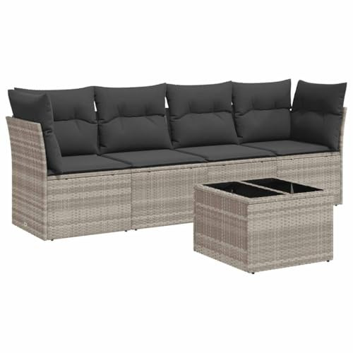 PUGYNBK 5-TLG. modulares Gartensofa Hellgrau PE Rattan Sitzgruppe mit Kissen und Glastisch