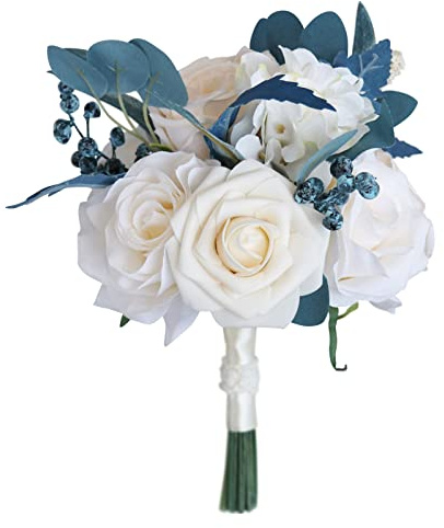 carotoe Bouquet da sposa artificiale da 27,9 cm, per proposta di matrimonio, cerimonia e anniversario (bouquet di rose, blu pavone) matrimonio autunno